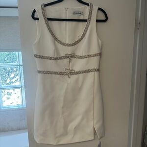 WHITE DIAMANTE BOW TRIM MINI DRESS - new with tags